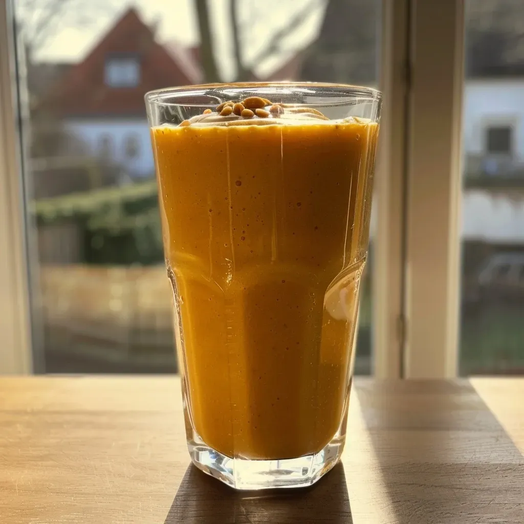 Refreshing Mandel-Smoothie showcasing vibrant orange hues and visible almond pieces in a clear glass.