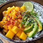 Close-up of a vibrant mango avocado rice bowl featuring fresh ingredients.