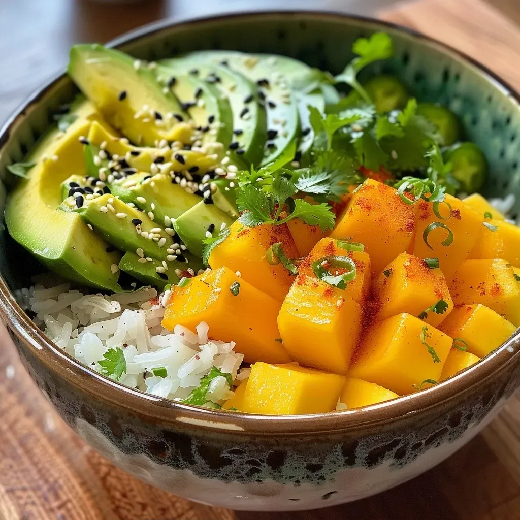 Side view of a colorful rice bowl topped with mango, avocado, and chili lime sauce.