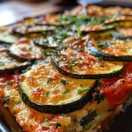 Close-up view of a baked vegetarian Maultaschen dish with vegetables in tomato sauce.