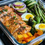 Close-up of a colorful air fryer meal prep featuring chicken, salmon, vegetables, and quinoa.