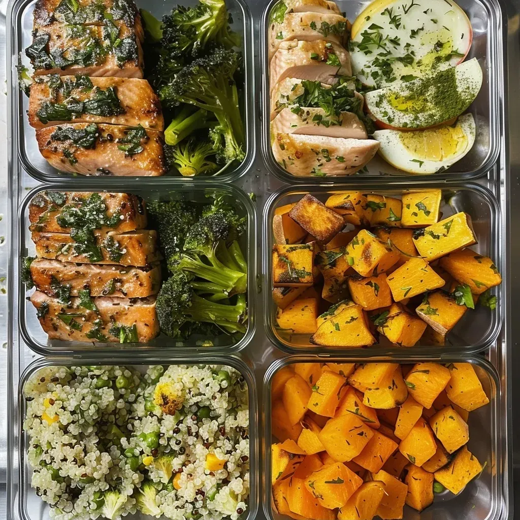 Side view of an organized meal prep setup featuring cooked chicken thighs, salmon, and assorted vegetables.