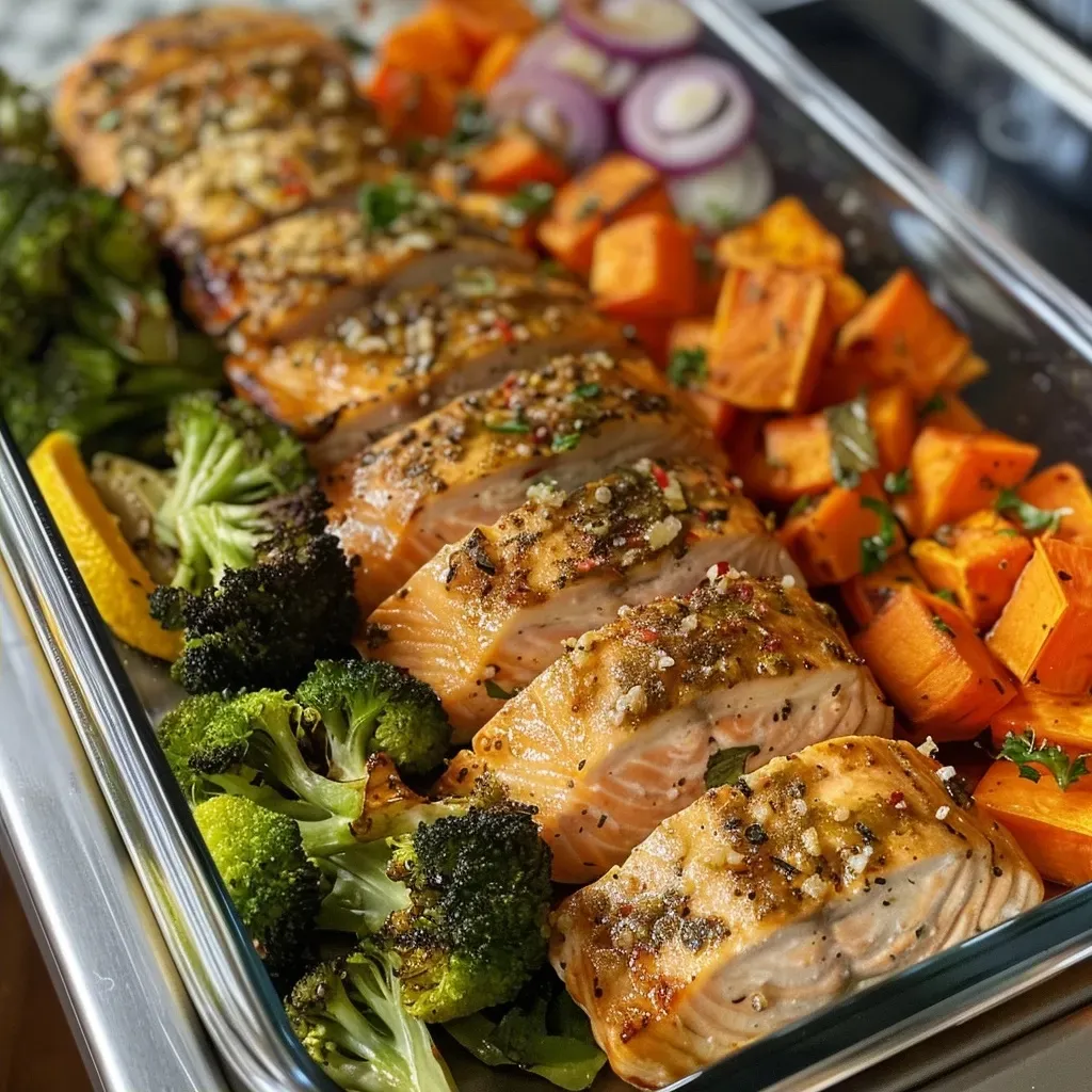 A side view of neatly arranged meal prep containers filled with healthy air-fried chicken, salmon, and veggies.