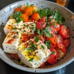 A vibrant close-up of a Mediterranean bowl featuring Feta cheese, cherry tomatoes, cucumber, and colorful vegetables.