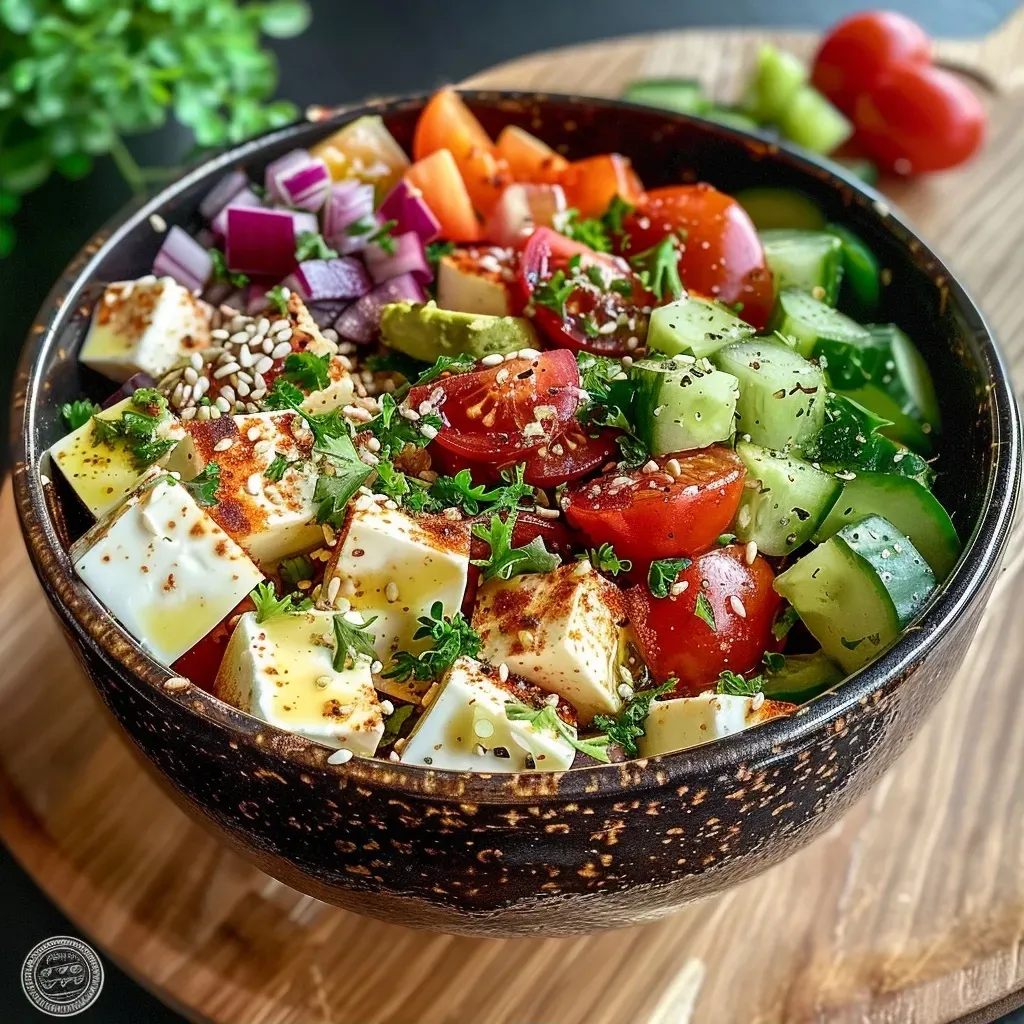 Close-up view of a delicious Mediterranean bowl with fresh ingredients including Feta, tomatoes, and lemon.