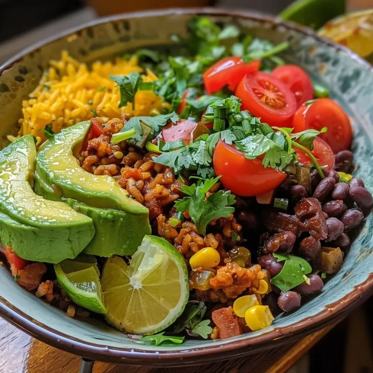 Close-up of a colorful Mexican black beans bowl featuring avocado, corn, tomatoes, and garnished with cilantro.