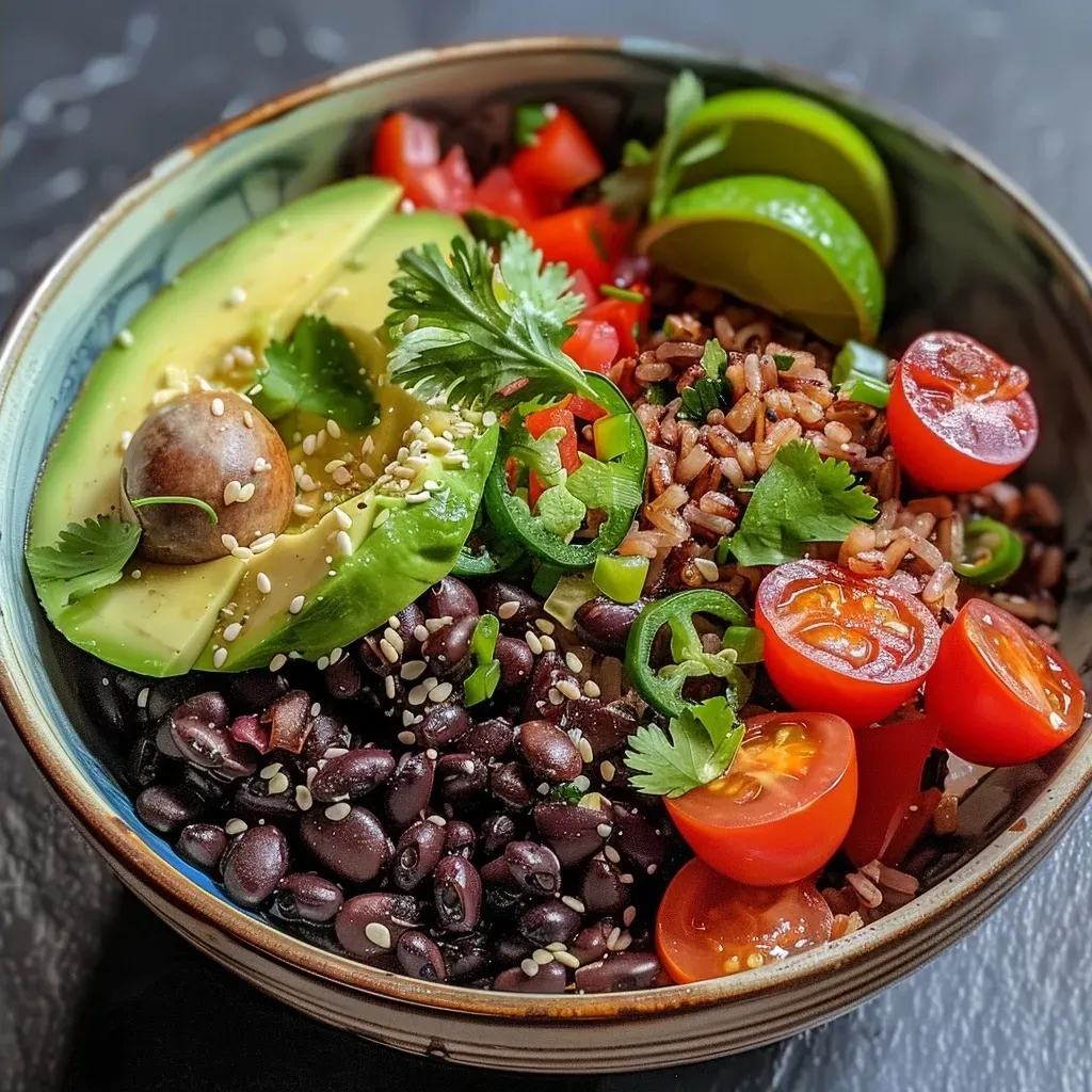 Side view of a vibrant bowl filled with black beans, whole grain rice, avocado slices, and topped with pumpkin seeds.