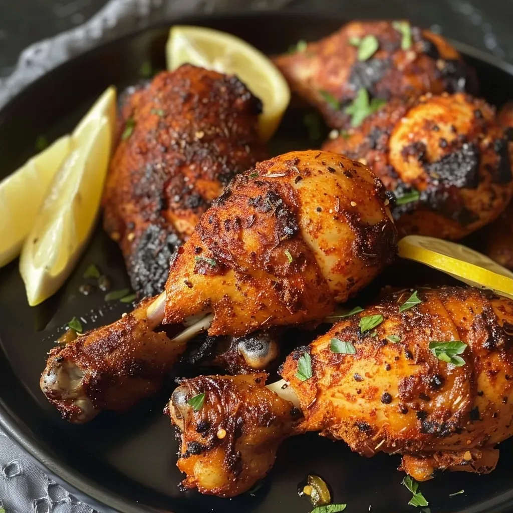 Close-up view of crispy paprika chicken thighs with herbs and lemon wedges.