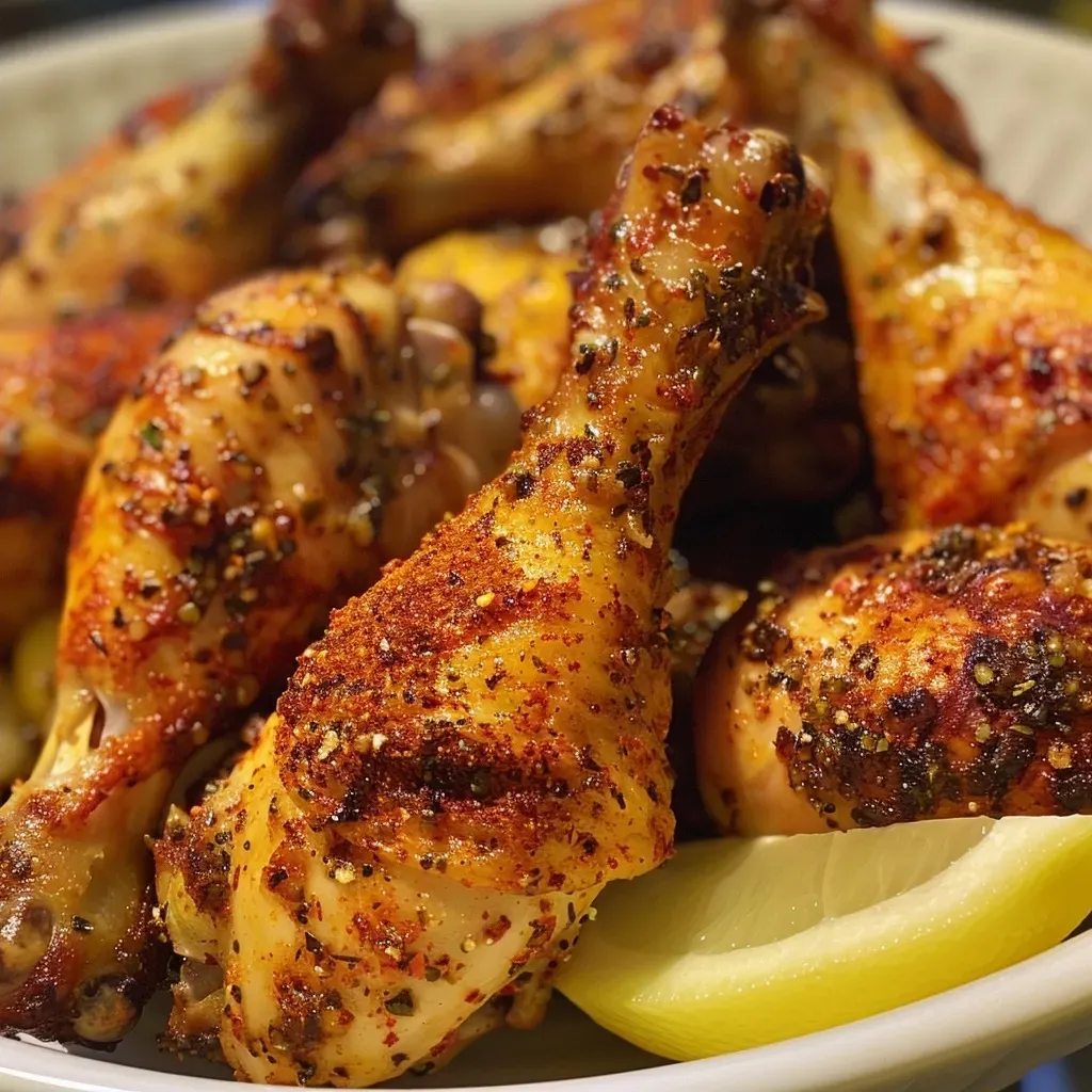 Close-up view of crispy paprika chicken thighs with herbs and lemon wedges.