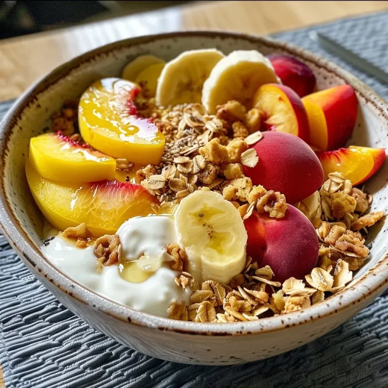 A colorful Pfirsich-Bananen-Bowl filled with fresh fruits and oats.