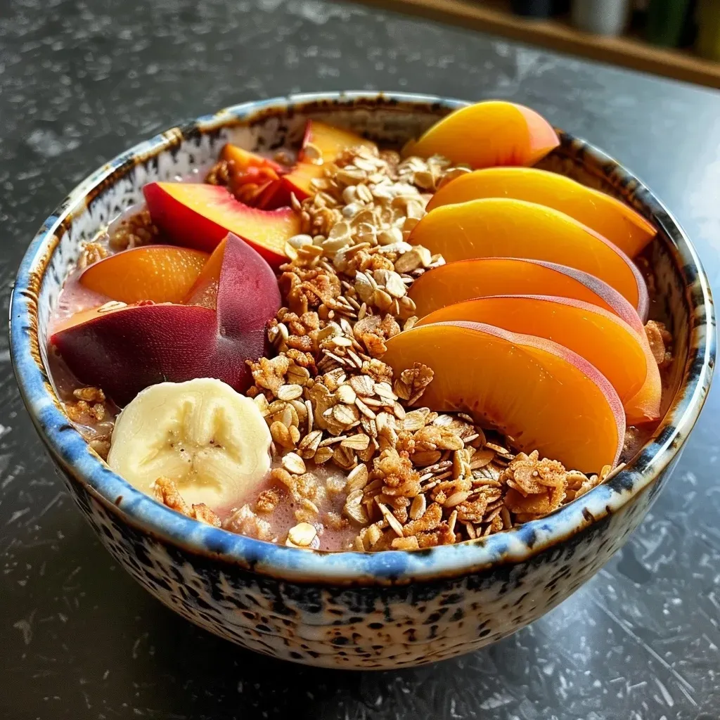 A close-up side view of a Pfirsich-Bananen-Bowl showcasing peaches and bananas.