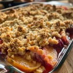 A close-up view of a golden-brown Pfirsich Crumble with peach slices visible.