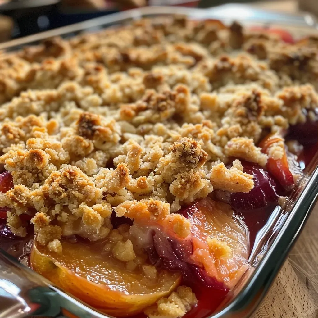 A close-up view of a golden-brown Pfirsich Crumble with peach slices visible.
