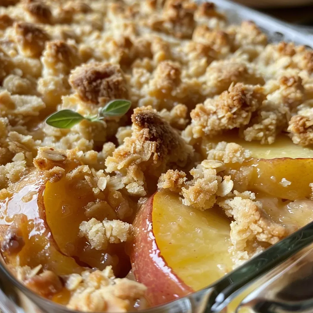 Side view of a Pfirsich Crumble, showcasing the crumbly topping and juicy peach filling.