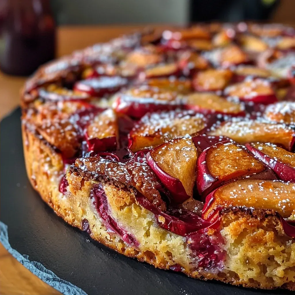 Side view of a juicy, sugar-free plum cake, highlighting the fresh plum slices on top.
