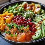 A vibrant Poké Bowl featuring sushi rice topped with colorful fresh ingredients like avocado, mango, and salmon.
