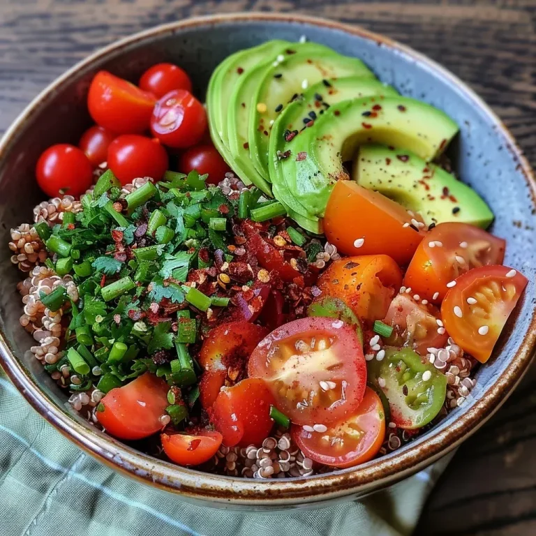 Close-up of a colorful protein bowl featuring shrimp, quinoa, avocado, and fresh vegetables.
