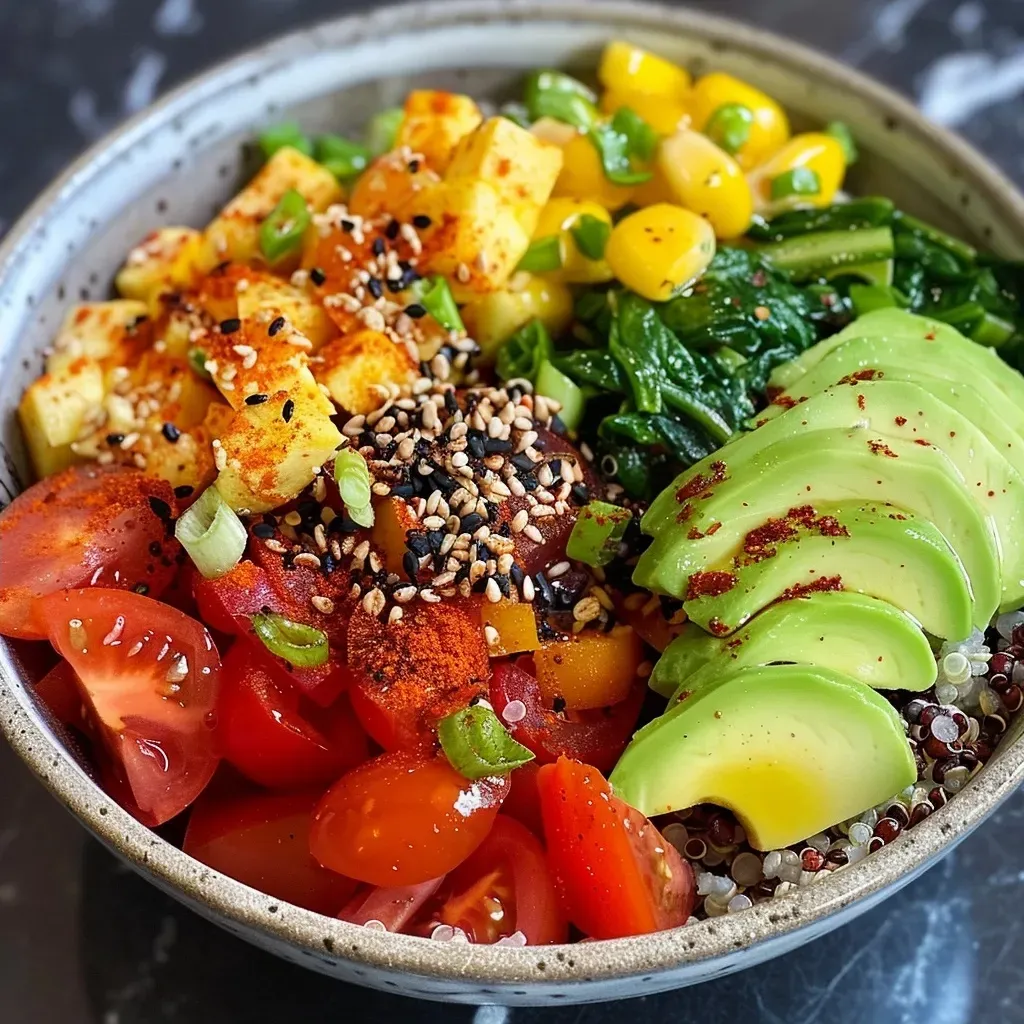A vibrant protein bowl with peeled shrimp, sliced avocado, and mixed greens in a side view.