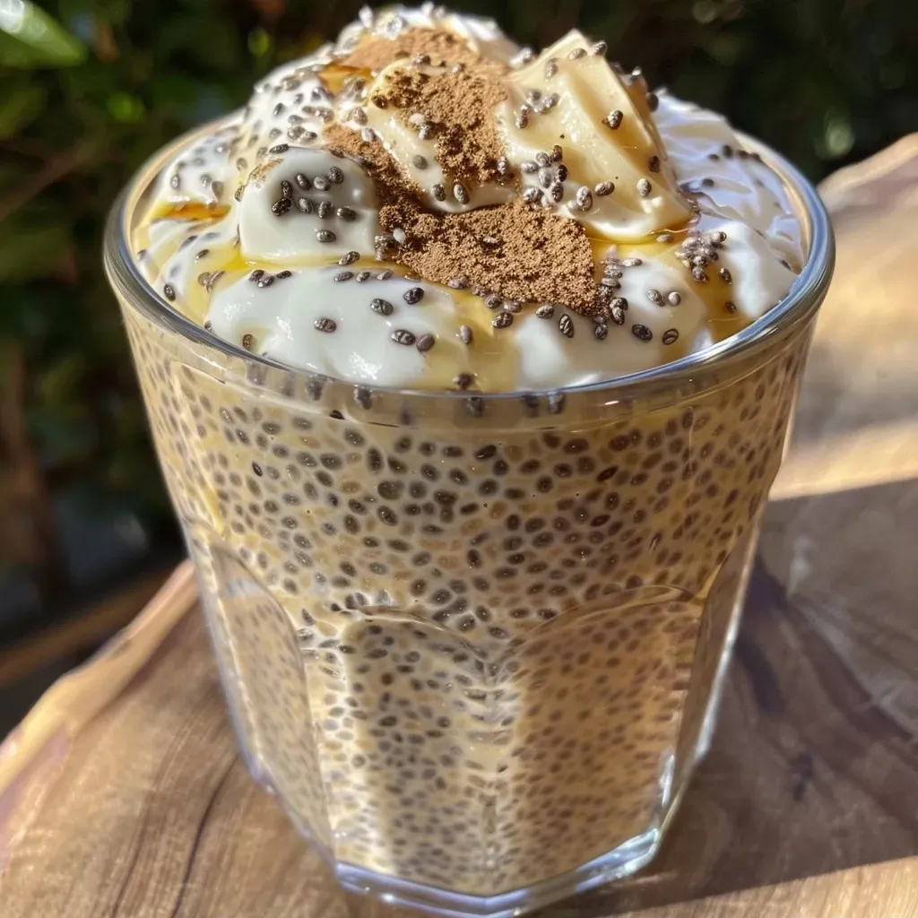 Close-up view of a bowl of protein chia pudding with a creamy texture.