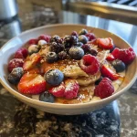 Close-up of a pancake bowl filled with high-protein pancakes, topped with berries and syrup.