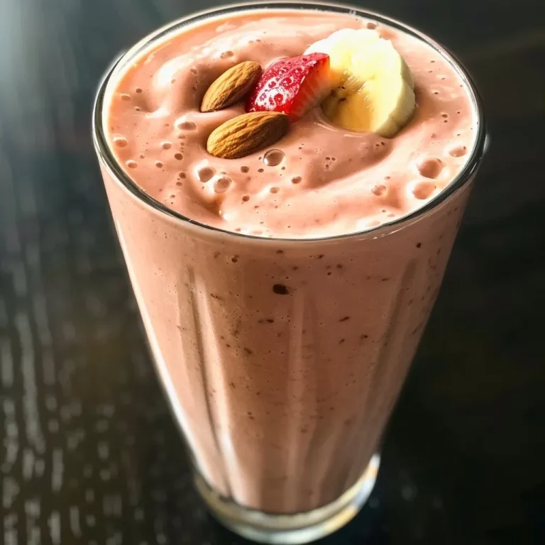 Der cremige Protein Smoothie, der dir Energie für den Tag gibt Close-up of a refreshing protein smoothie in a glass, showcasing vibrant colors of strawberries and banana.