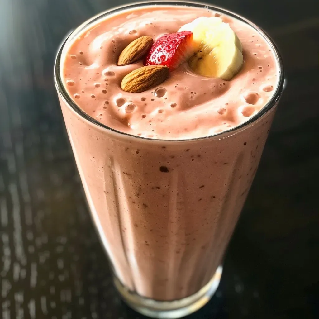 Close-up of a refreshing protein smoothie in a glass, showcasing vibrant colors of strawberries and banana.