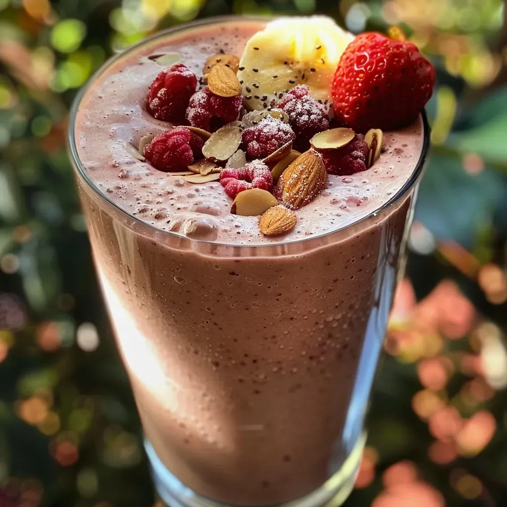 Side view of a creamy protein smoothie, with ingredients like almond milk and Greek yogurt visible in the mix.