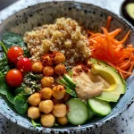 Close-up view of a colorful Buddha bowl filled with quinoa, chickpeas, vegetables, and avocado.
