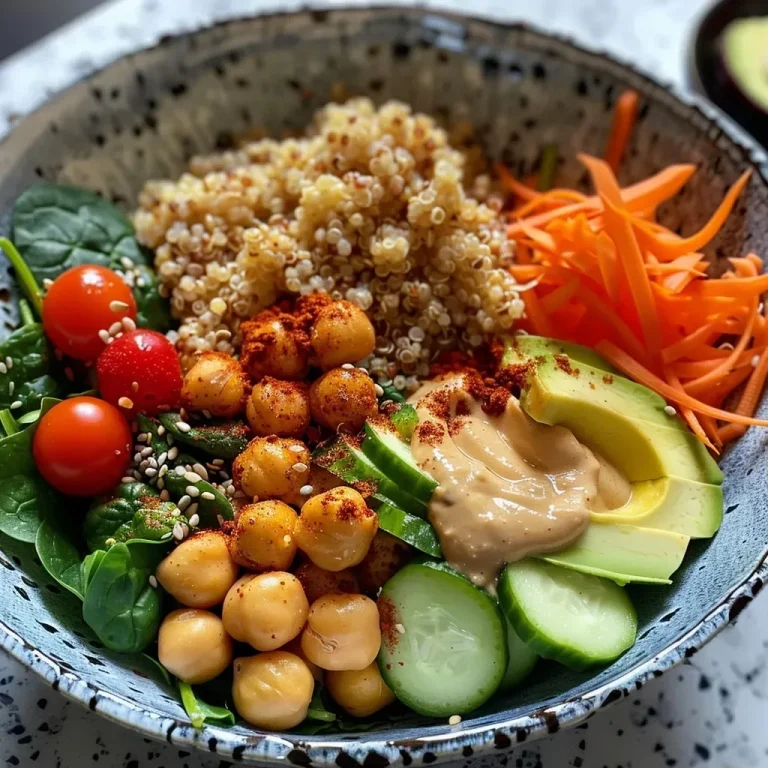 Die perfekte proteinreiche Buddha Bowl für jeden Tag Close-up view of a colorful Buddha bowl filled with quinoa, chickpeas, vegetables, and avocado.