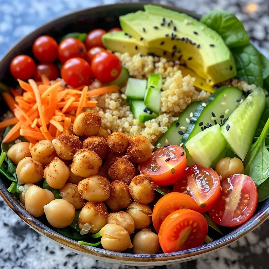 Vibrant Buddha bowl featuring cooked quinoa and an array of fresh vegetables on a wooden table.