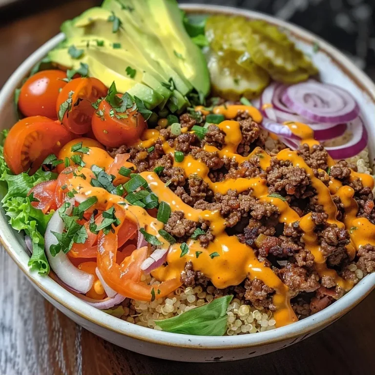 Schmackhafte Proteinreiche Cheeseburger Bowls für einen schnellen Abendessen-Genuss Close-up of a high-protein cheeseburger bowl filled with colorful ingredients.