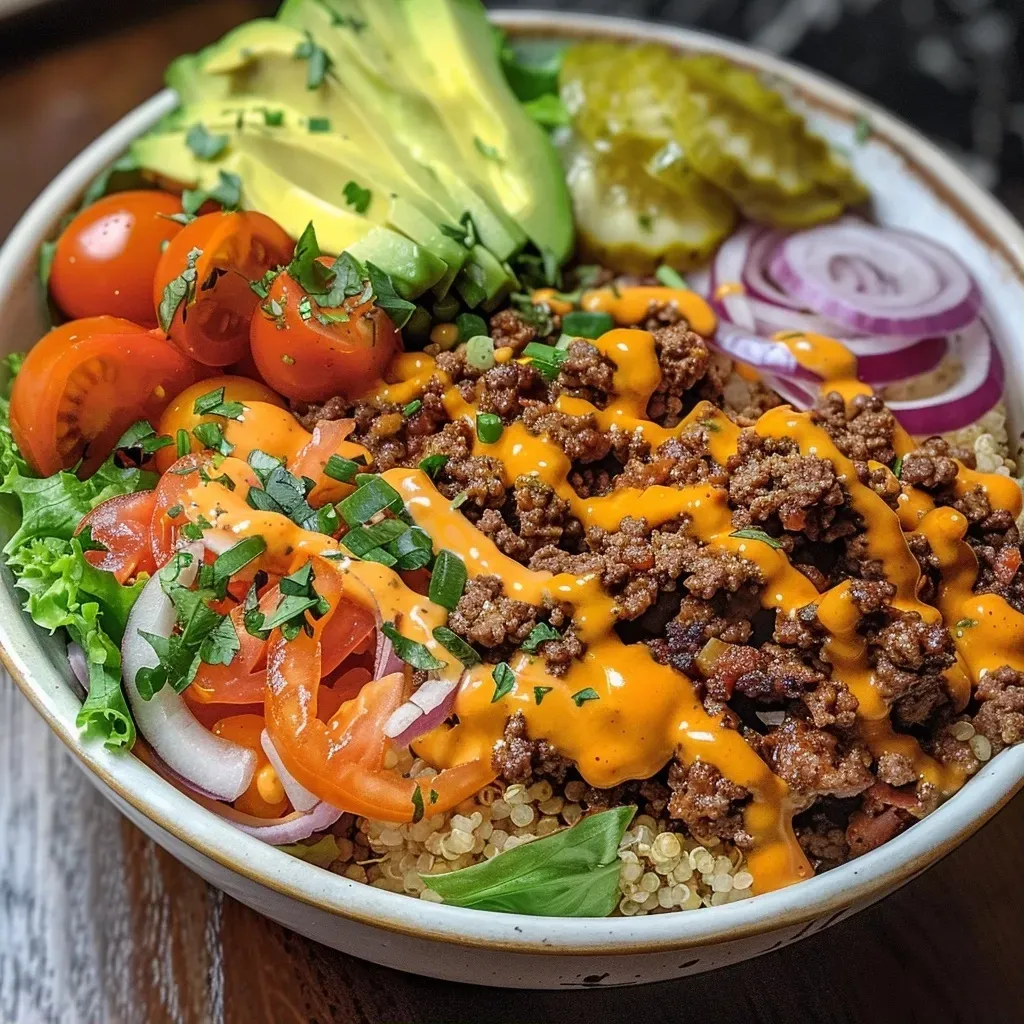 Close-up of a high-protein cheeseburger bowl filled with colorful ingredients.