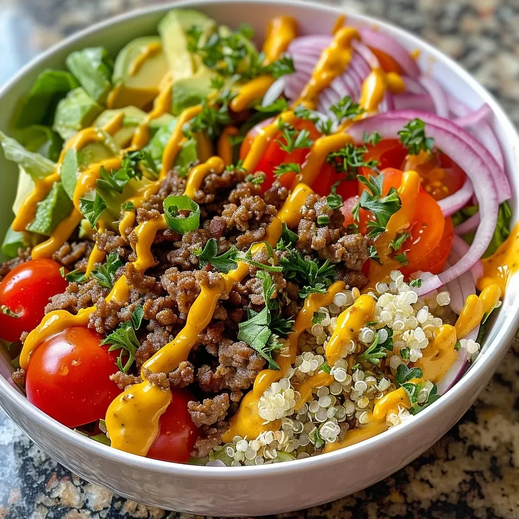 Side view of a healthy cheeseburger bowl featuring ground beef, veggies, and quinoa.