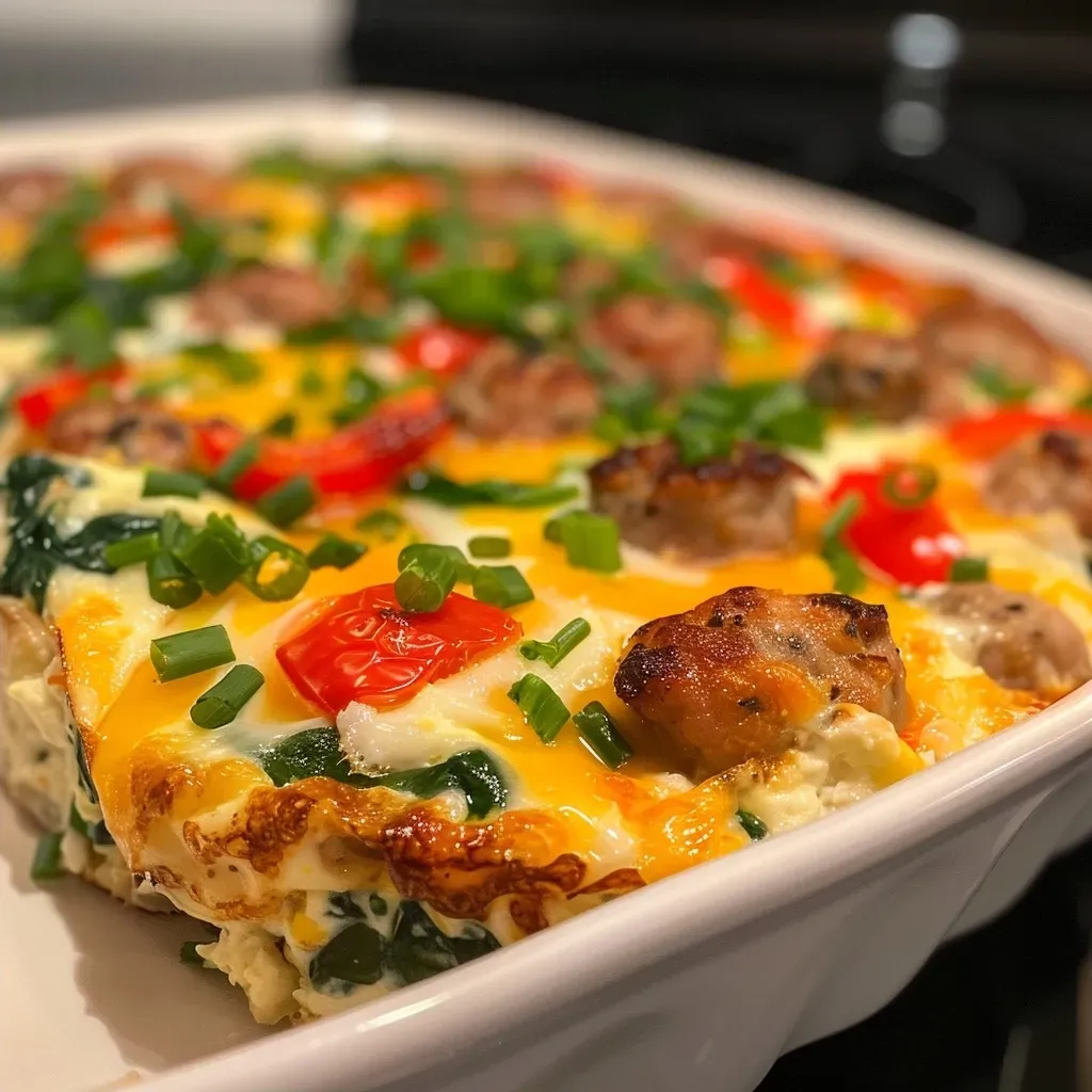 A side view image showcasing a protein-rich egg dish with sausage and veggies.