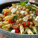 Close-up view of baked feta pasta featuring colorful vegetables, with a focus on the creamy feta and vibrant tomatoes.