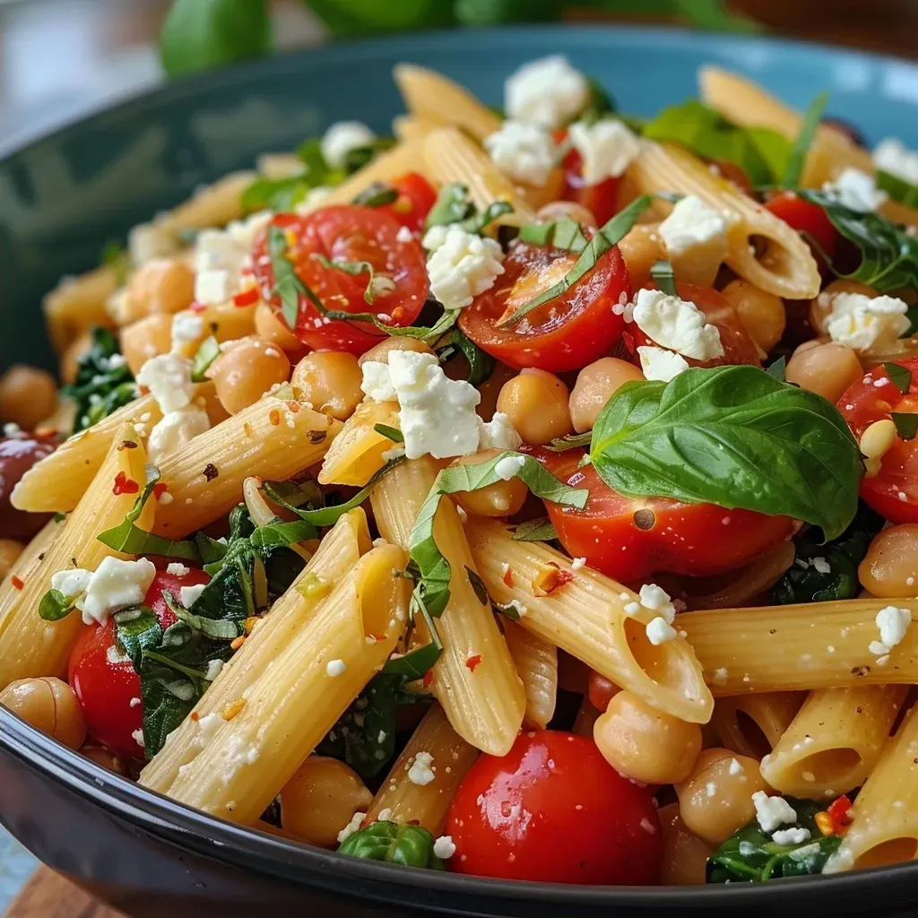 Side angle of a serving of high-protein baked feta pasta, showcasing zucchini, spinach, and chickpeas.