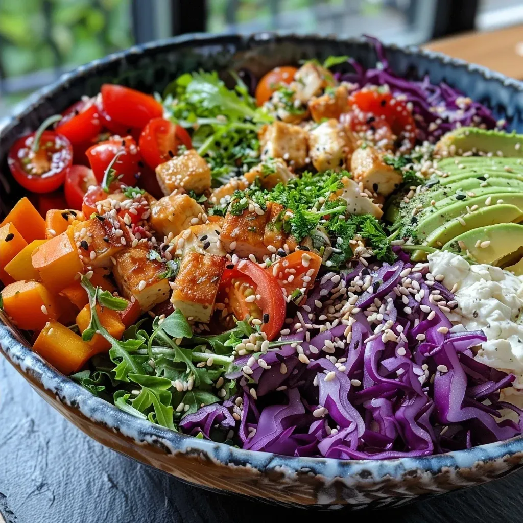 Close-up view of a vibrant veggie bowl with ingredients like zucchini, carrot, and sesame dressing.