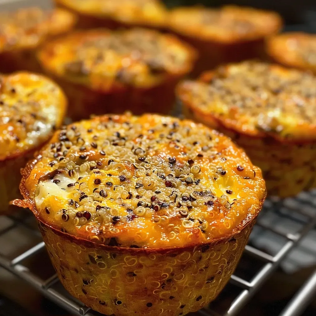Side view of golden-brown quinoa egg muffins with a rich texture.