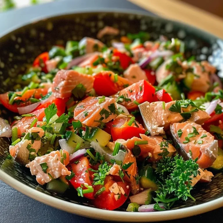 Frischer Reissalat mit Thunfisch – Perfekt für den Alltag! A close-up side view of a vibrant rice salad with tuna, featuring colorful vegetables.