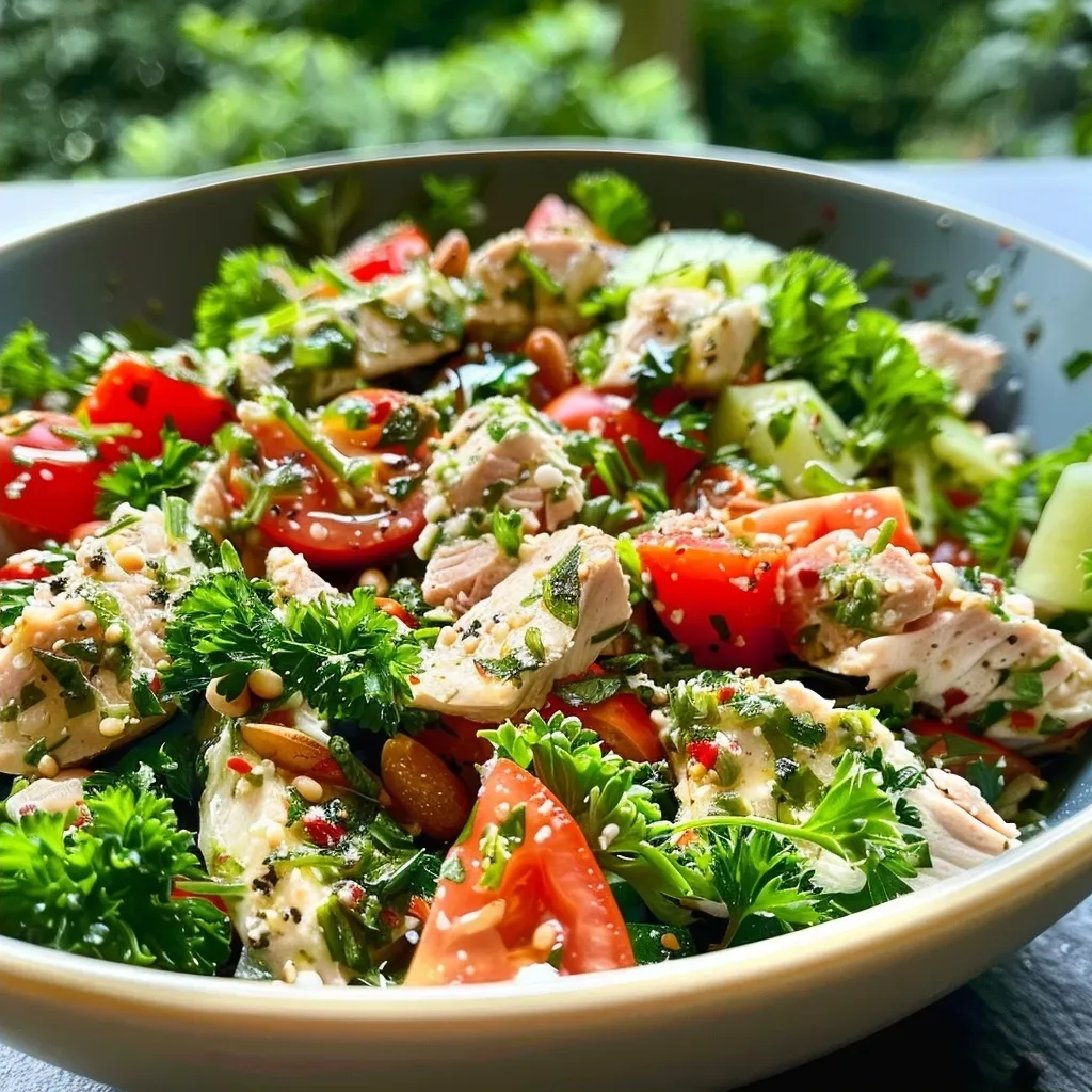 Detailed view of a delicious rice salad with tuna, broccoli, and tomatoes, garnished with herbs.