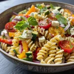 Close-up view of a colorful roasted veggie feta pasta with fusilli, cherry tomatoes, and zucchini.
