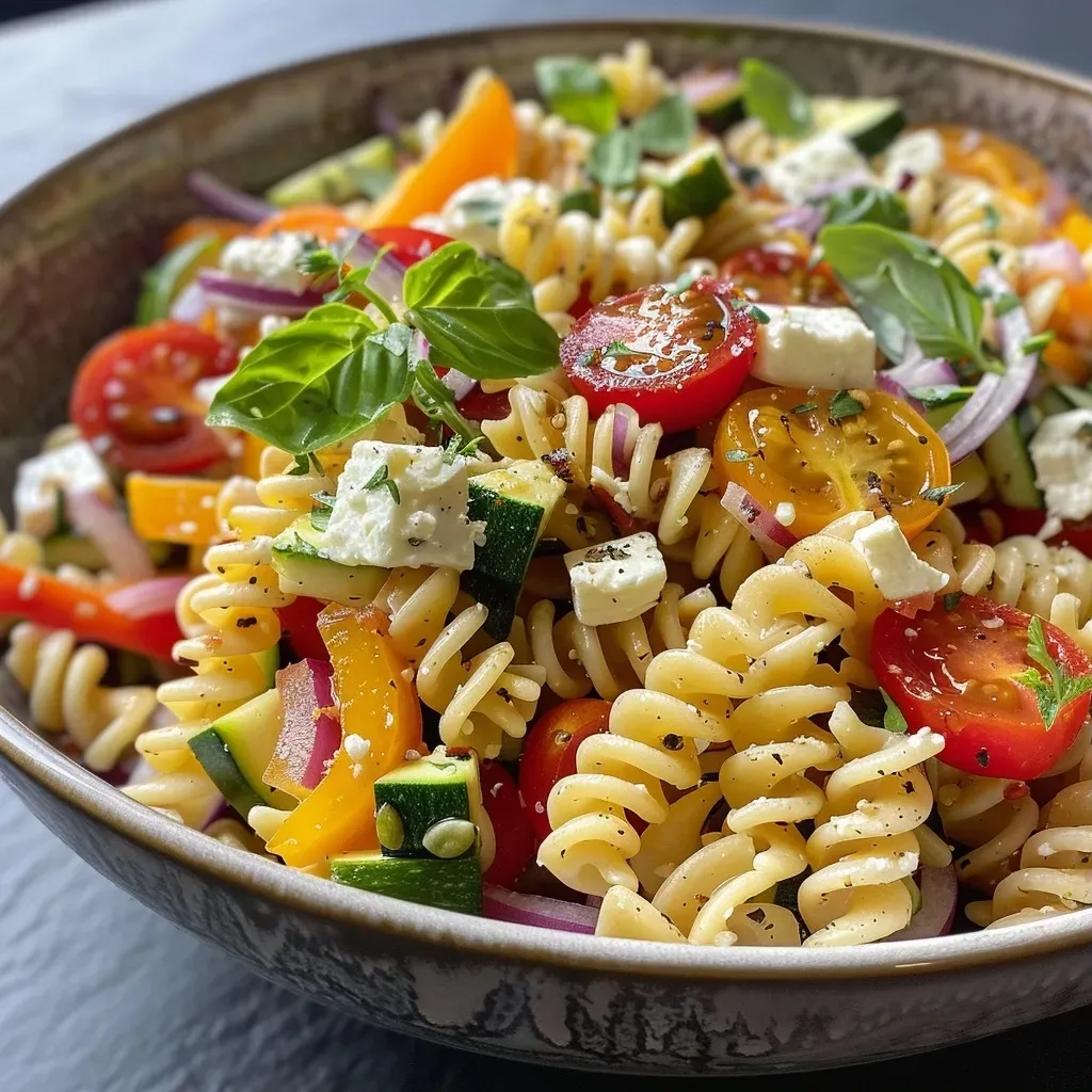 Close-up view of a colorful roasted veggie feta pasta with fusilli, cherry tomatoes, and zucchini.