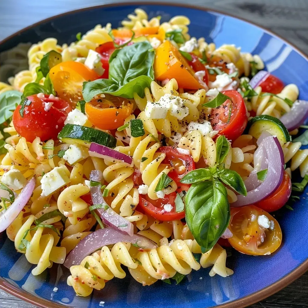Side view of a delicious Rösti Gemüse Feta Pasta displaying vibrant vegetables and feta cheese.