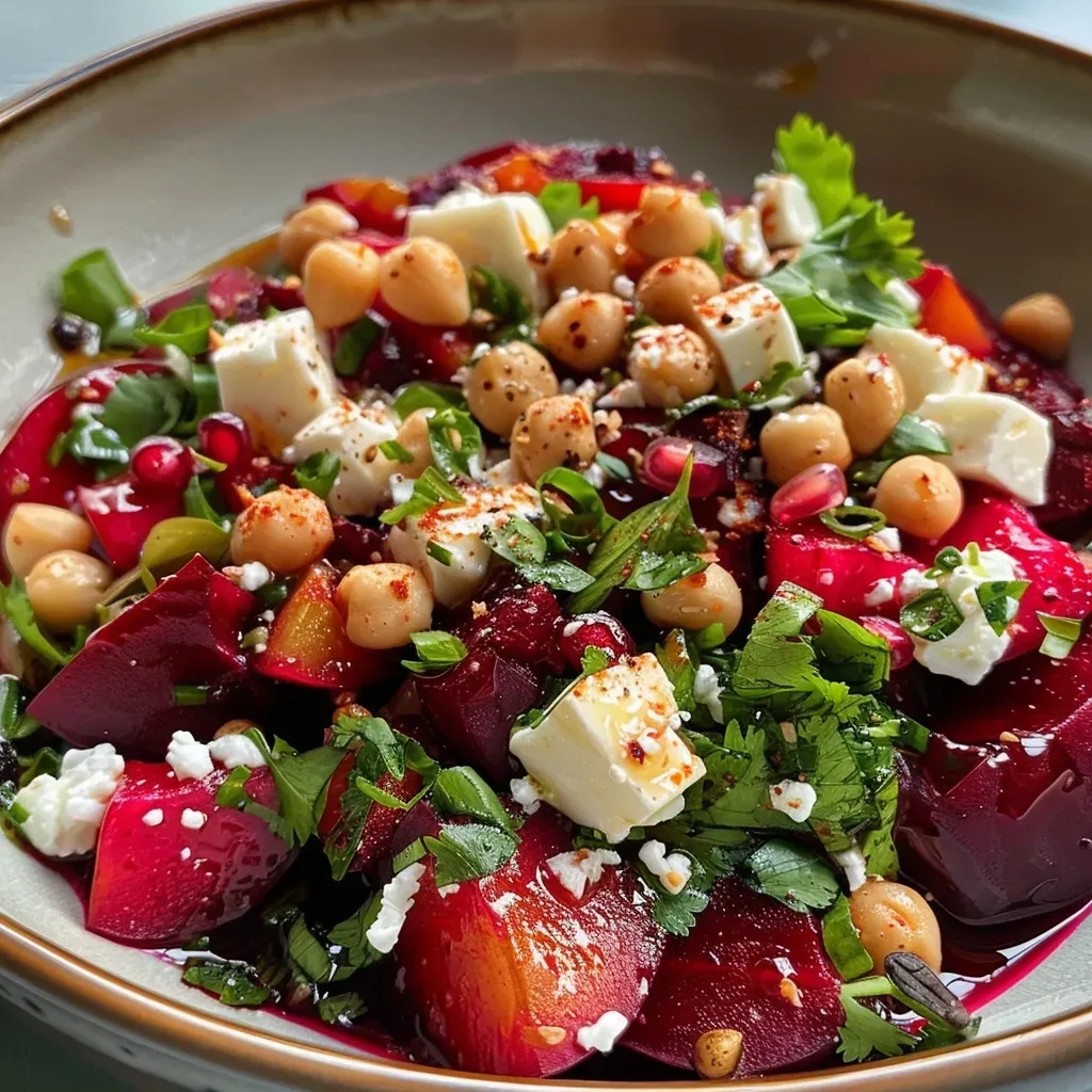 Close-up of a vibrant Rote Beete salad with chickpeas and feta, showcasing rich colors and textures.