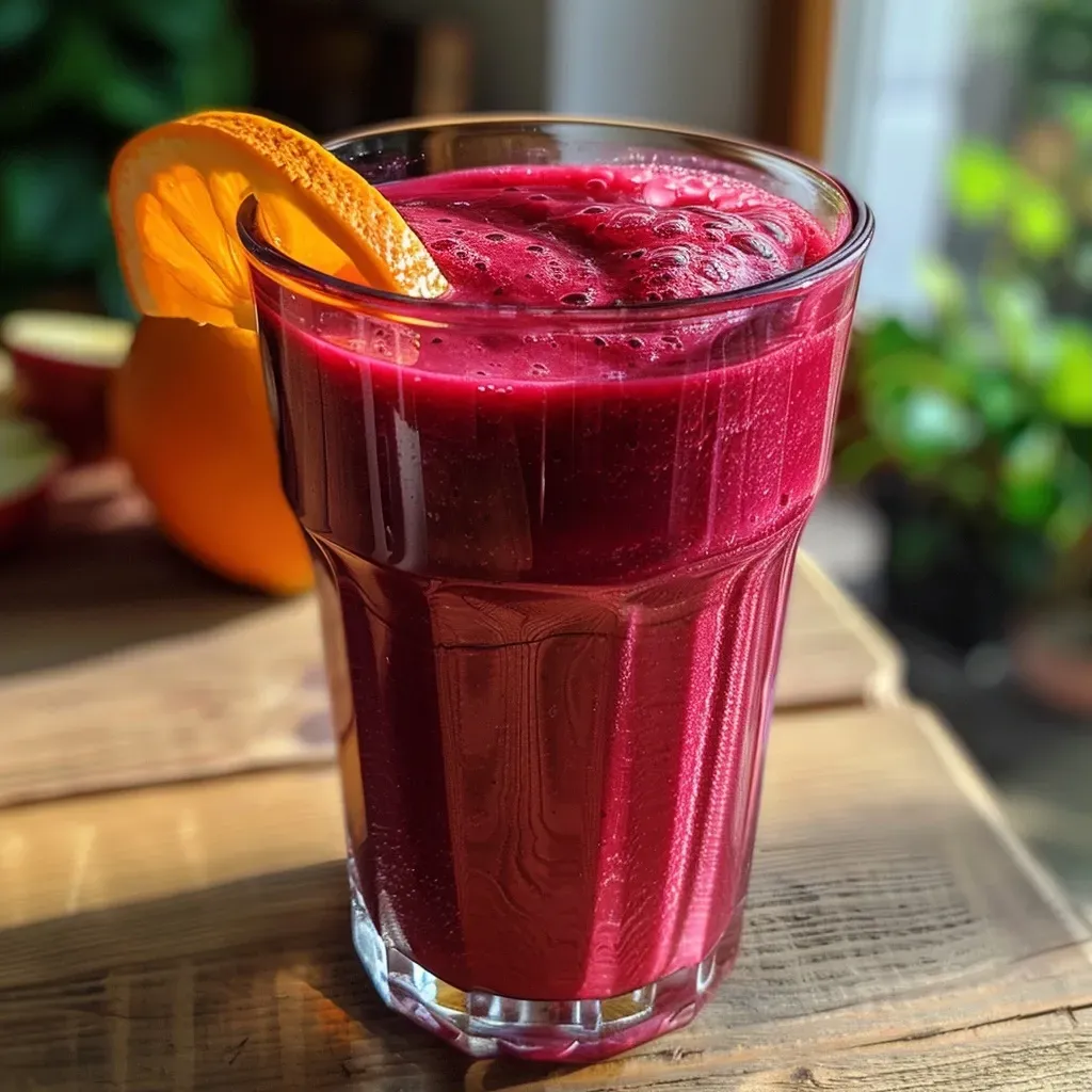 Close-up view of a vibrant red Rote Bete smoothie in a glass, showcasing its rich color and texture.