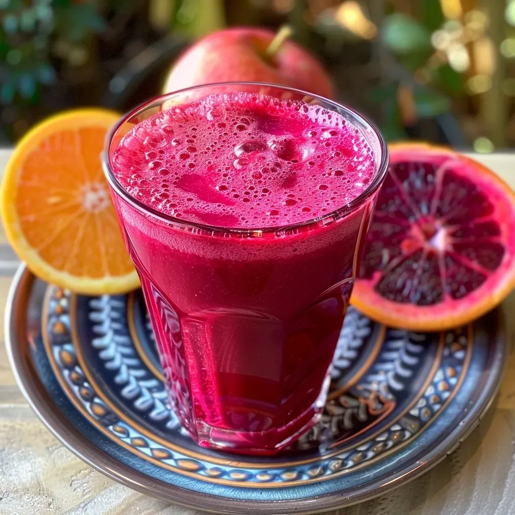 Side view of a fresh Rote Bete smoothie, highlighting the ingredients with a juicy appearance.