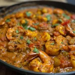 A vibrant bowl of prawn curry with fresh prawns and spices visible.