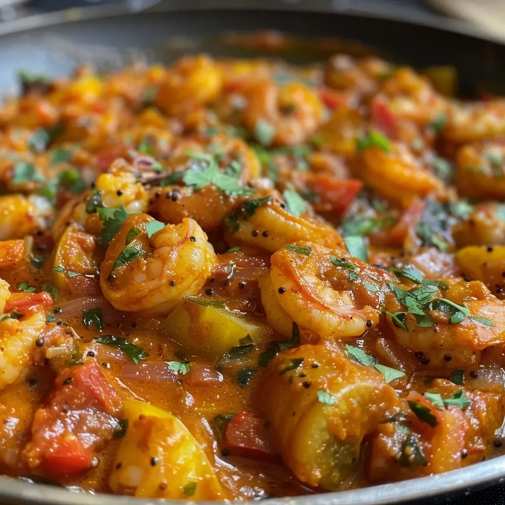 A close-up view of juicy prawn curry served in a dish, showcasing its rich colors.