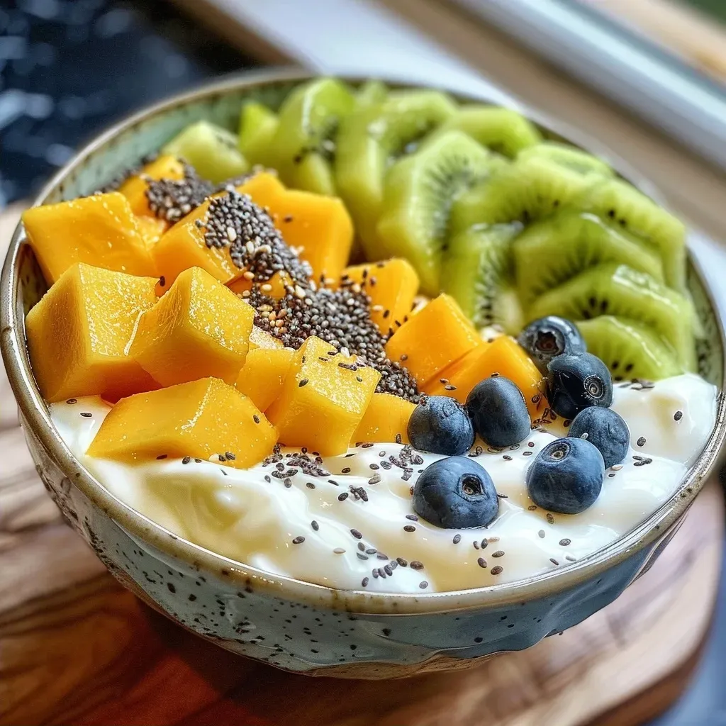 A vibrant bowl of Skyr topped with diced mango, lime zest, chia seeds, and chopped pecans.