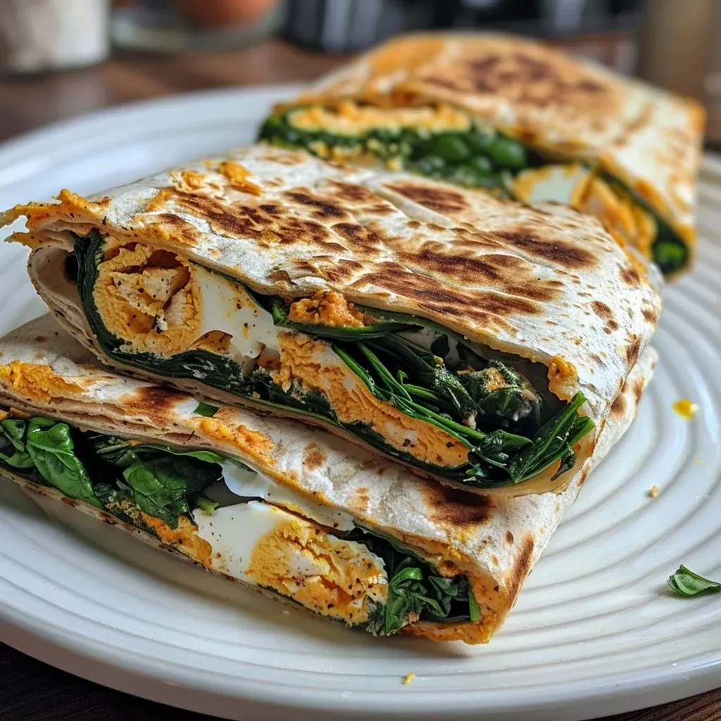 Side angle of a juicy spinach wrap filled with green spinach and egg.